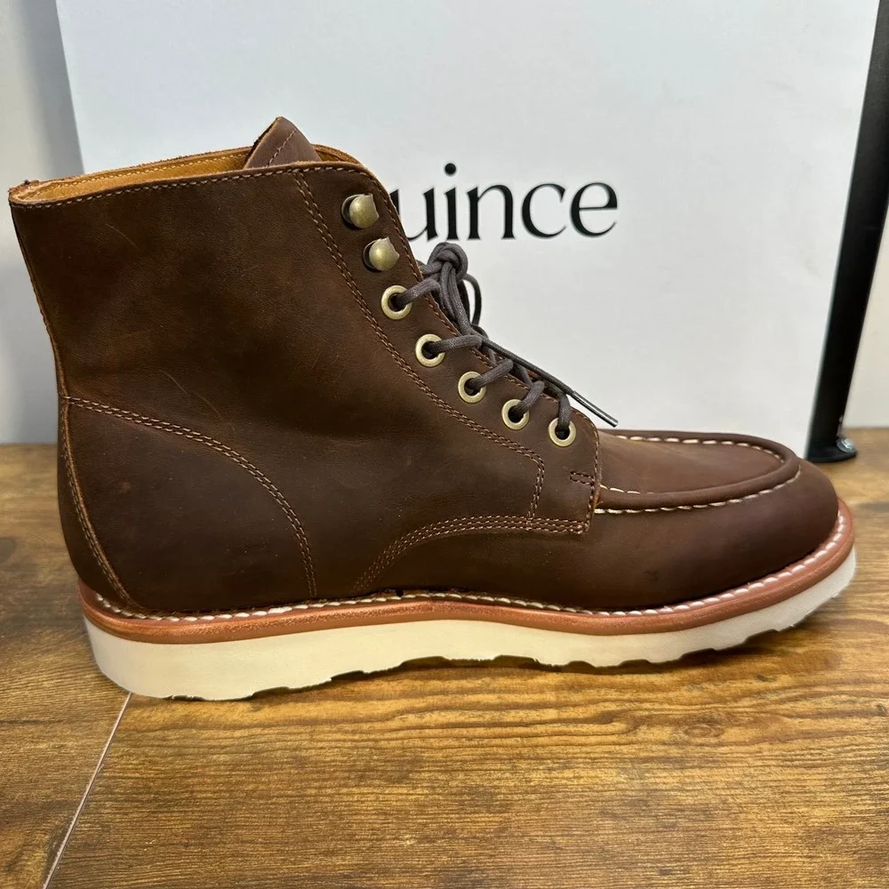 Quince Mens Leather Moc Toe Boots Brown Cowhide Wedge Sole‎ 10.5